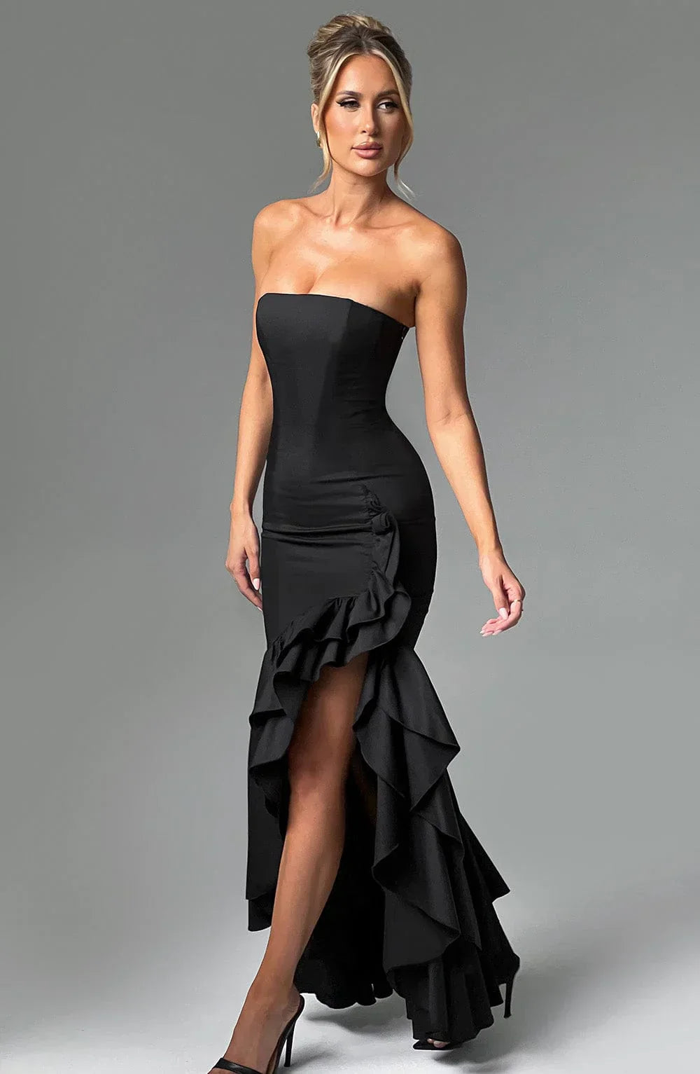 Joysline - Sleeveless Slit Ruffle Maxi Dress