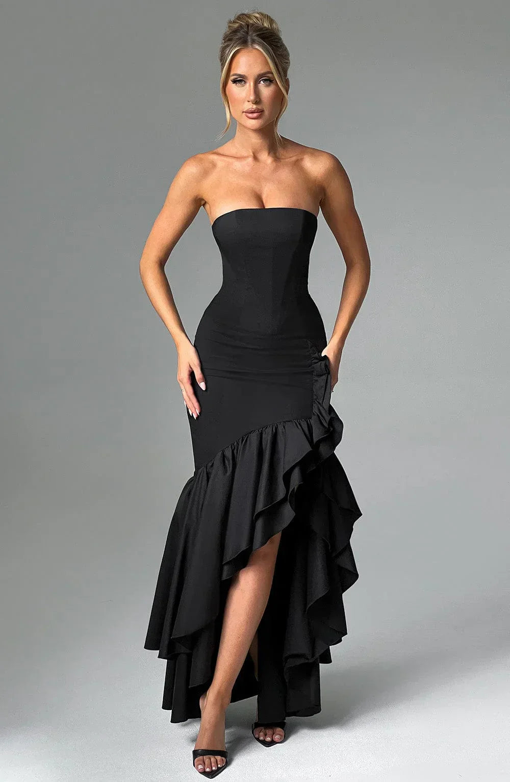 Joysline - Sleeveless Slit Ruffle Maxi Dress