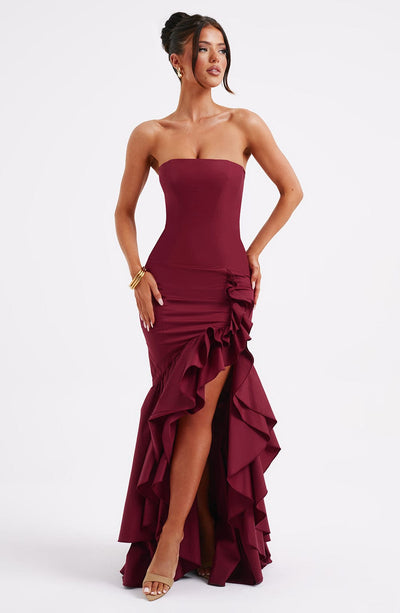 Joysline - Sleeveless Slit Ruffle Maxi Dress