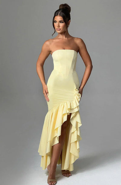 Joysline - Sleeveless Slit Ruffle Maxi Dress