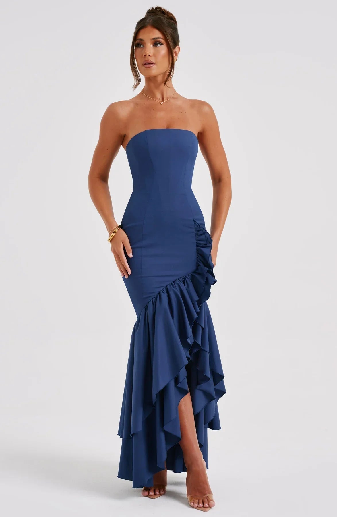 Joysline - Sleeveless Slit Ruffle Maxi Dress