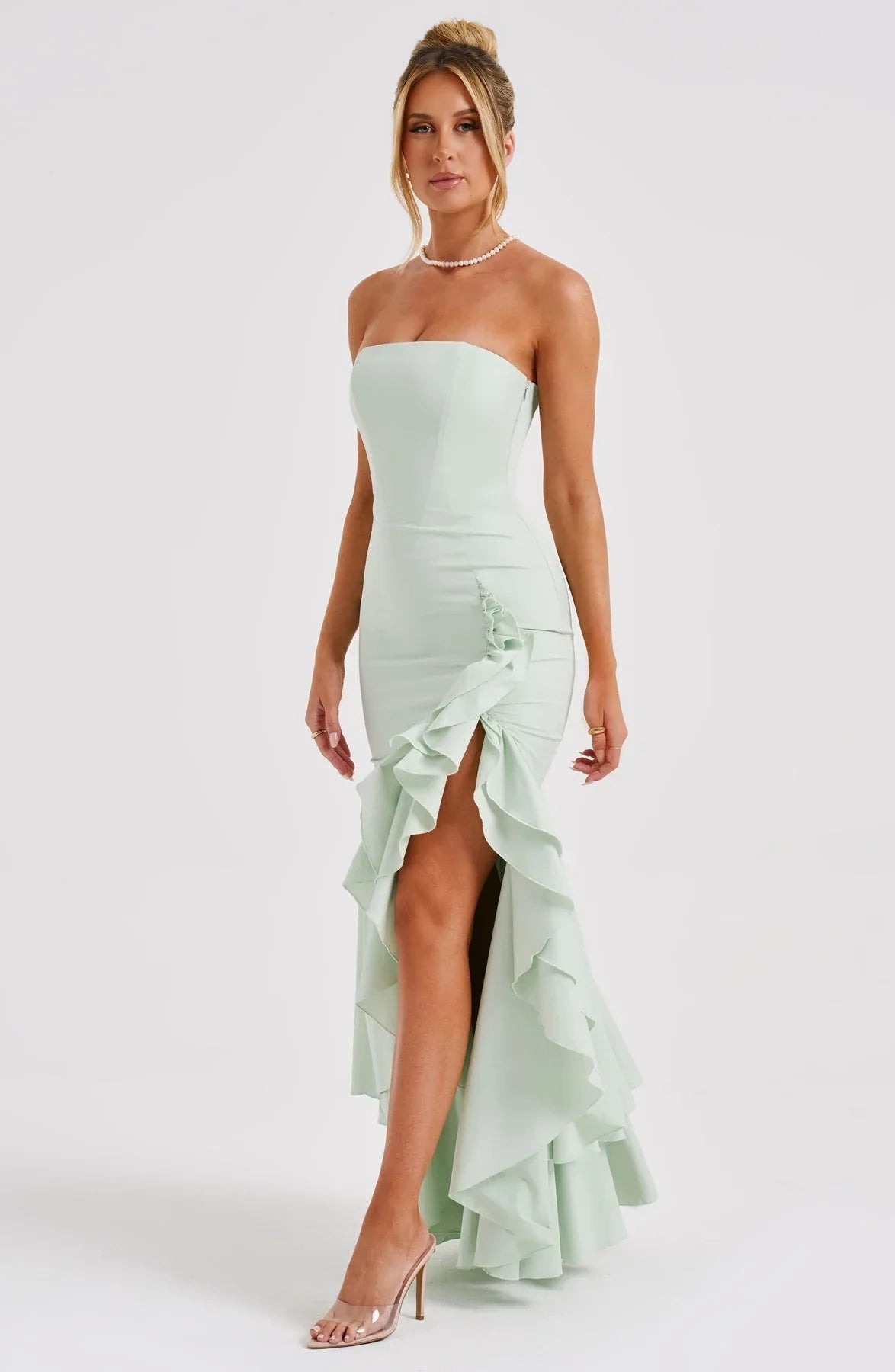 Joysline - Sleeveless Slit Ruffle Maxi Dress